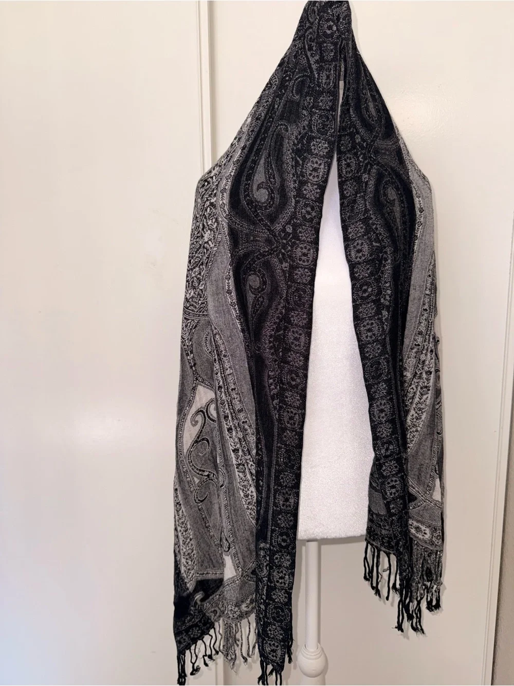 Black Gray Paisley Fringe Wrap Scarf whimsical gothic rave